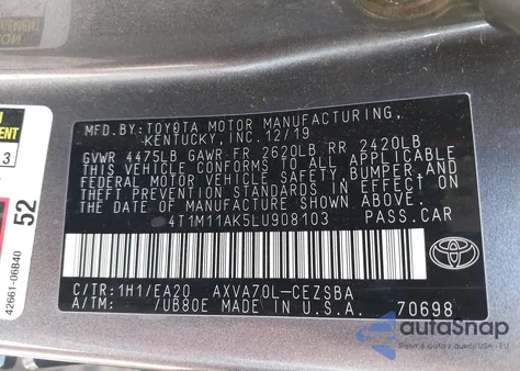 2020 Toyota Camry Se z USA, uszkodzony, nr VIN 4T1M11AK5LU908103